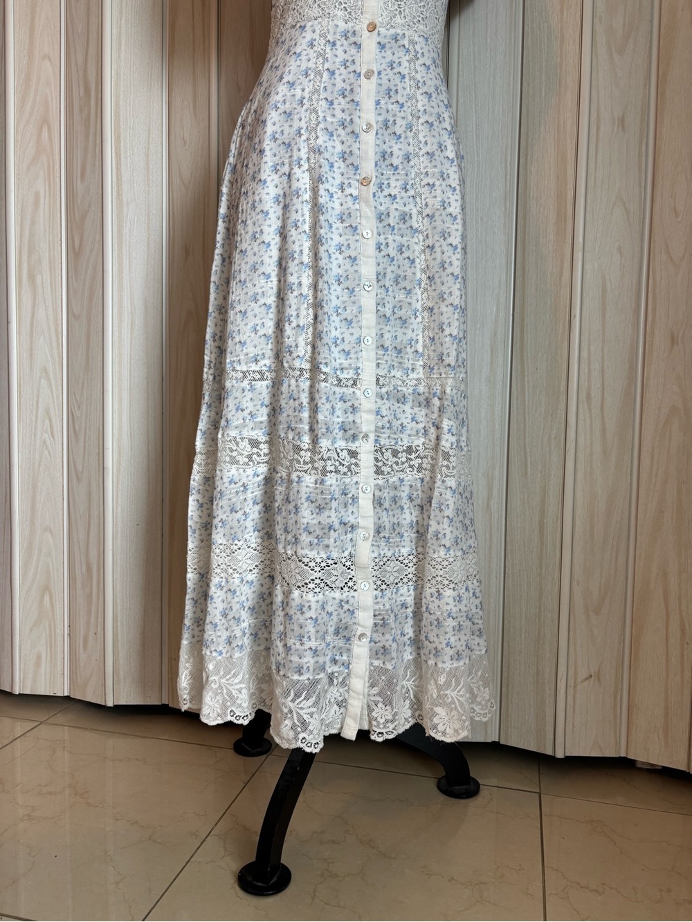 LoveShackFancy White with Light Blue Floral Puff-Sleeve Maxi Dress - Picture 4 of 8